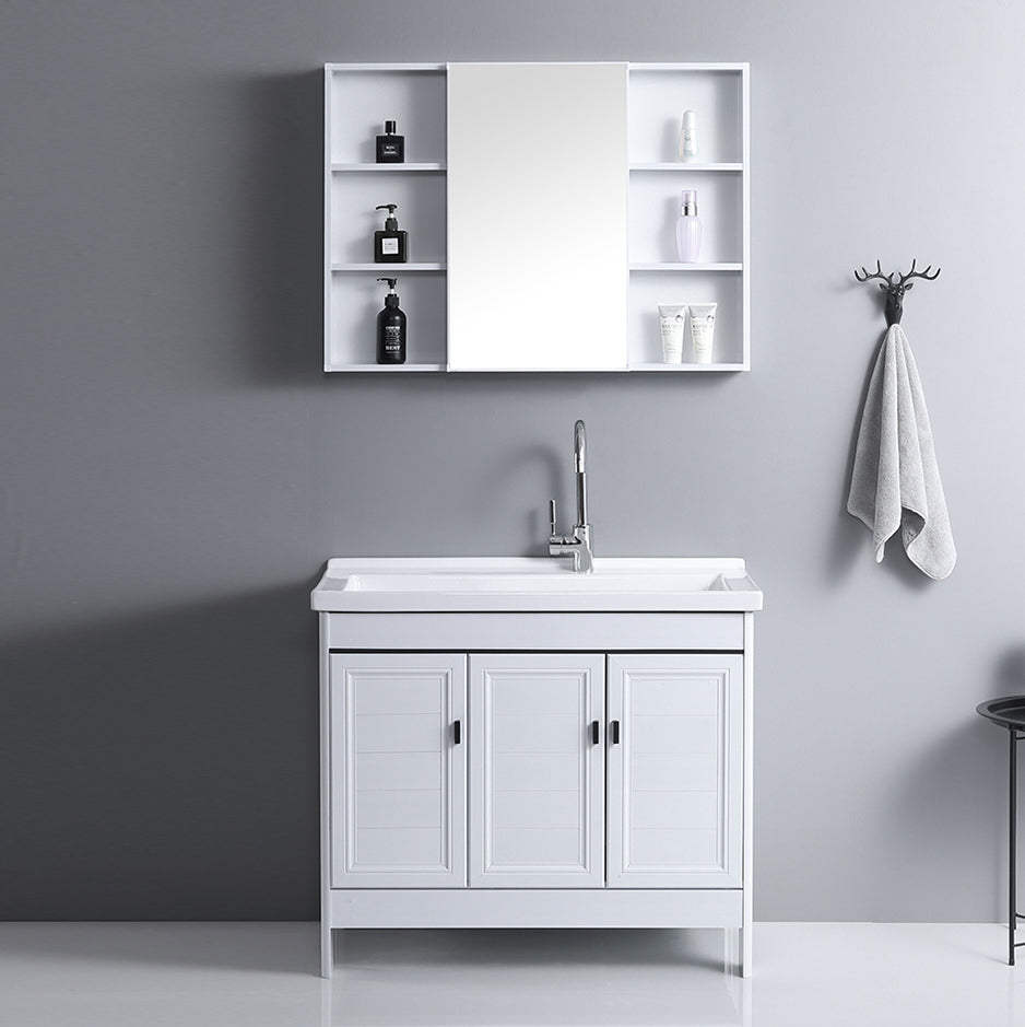 Rectangular White Vanity Freestanding Mirror Metal Frame Vanity with Soft Close Doors