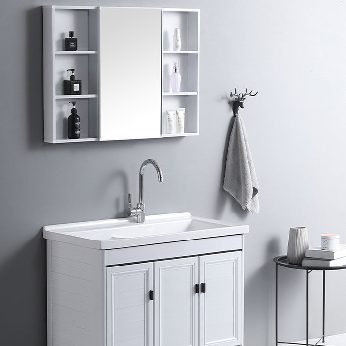 Rectangular White Vanity Freestanding Mirror Metal Frame Vanity with Soft Close Doors