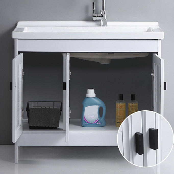 Rectangular White Vanity Freestanding Mirror Metal Frame Vanity with Soft Close Doors