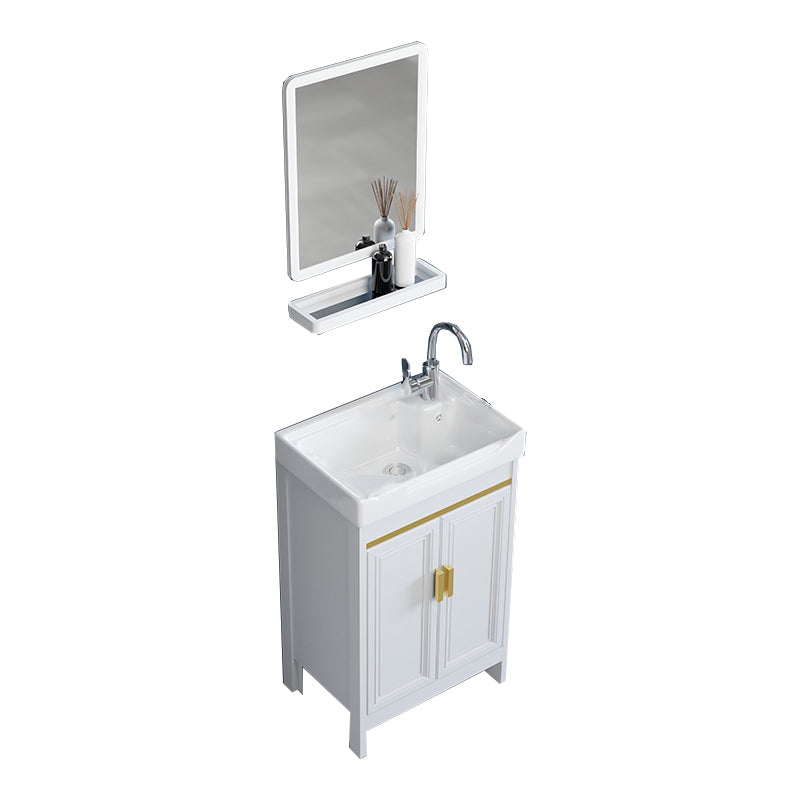 Freestanding Vanity Single Sink Metal Frame Rectangular White Mirror Vanity with Doors