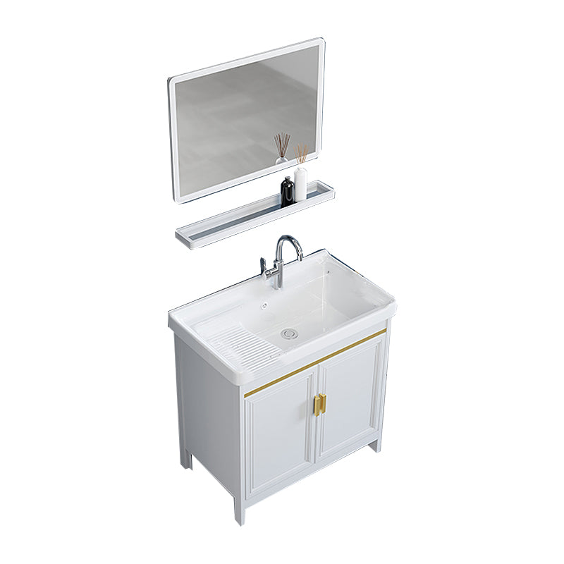 Freestanding Vanity Single Sink Metal Frame Rectangular White Mirror Vanity with Doors