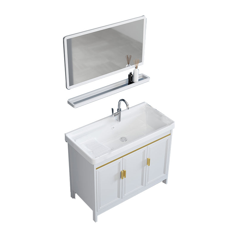 Freestanding Vanity Single Sink Metal Frame Rectangular White Mirror Vanity with Doors