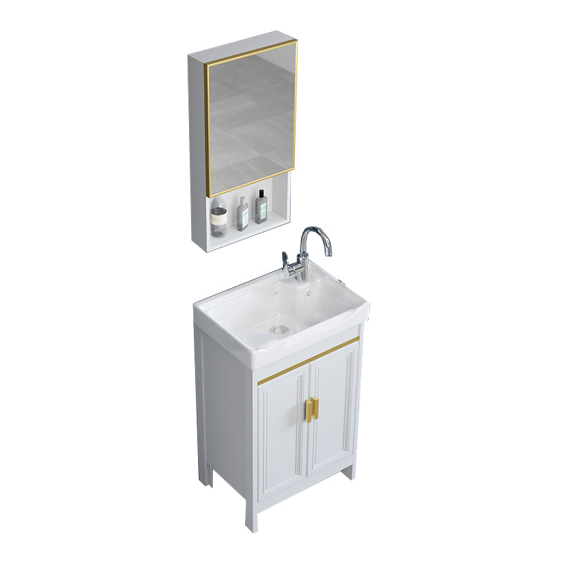 Freestanding Vanity Single Sink Metal Frame Rectangular White Mirror Vanity with Doors