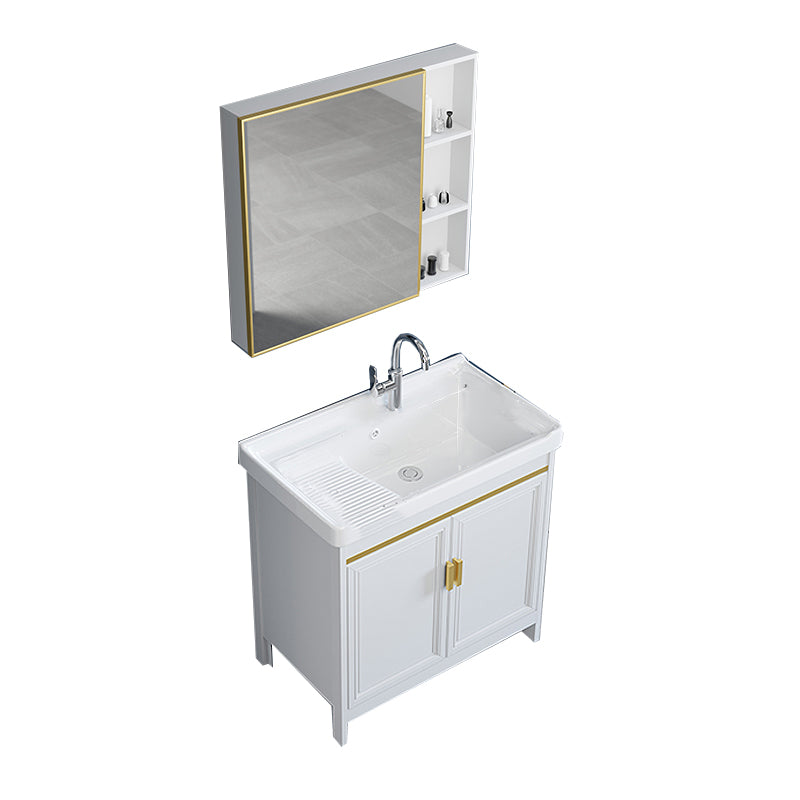 Freestanding Vanity Single Sink Metal Frame Rectangular White Mirror Vanity with Doors