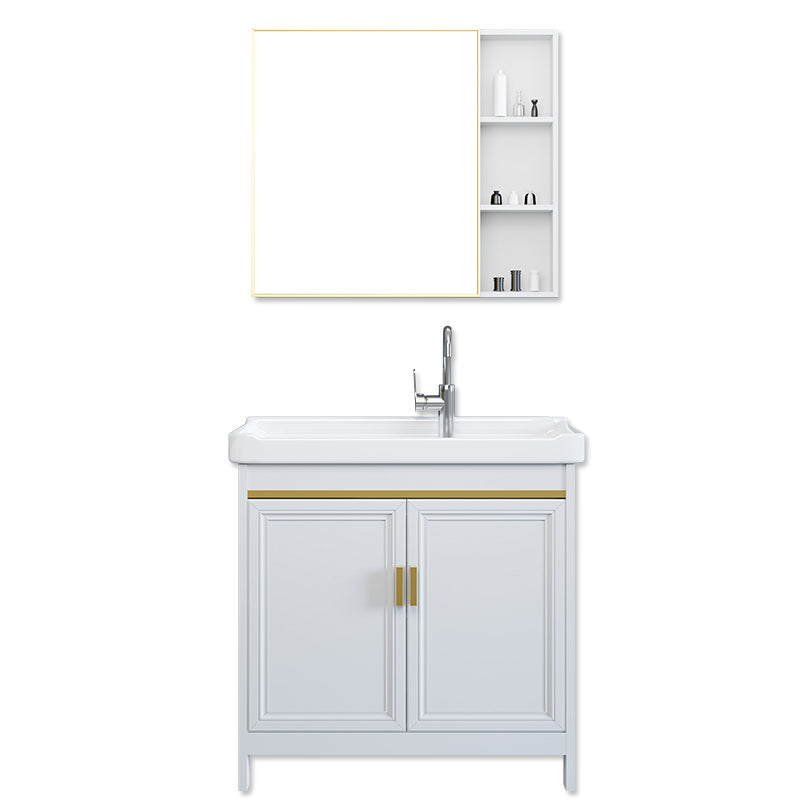 Freestanding Vanity Single Sink Metal Frame Rectangular White Mirror Vanity with Doors