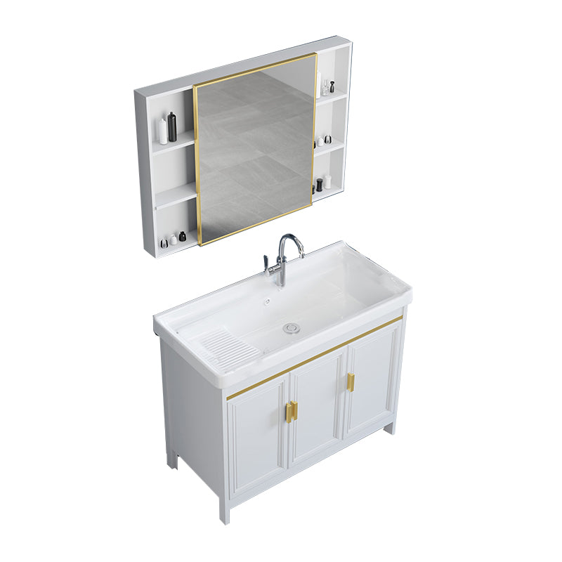 Freestanding Vanity Single Sink Metal Frame Rectangular White Mirror Vanity with Doors