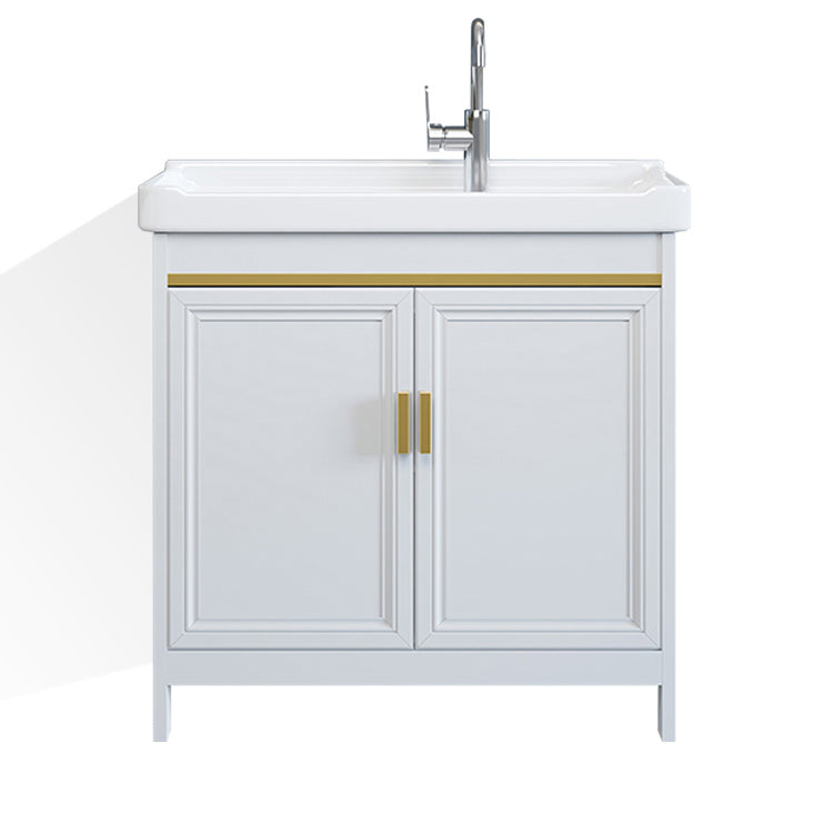 Freestanding Vanity Single Sink Metal Frame Rectangular White Mirror Vanity with Doors