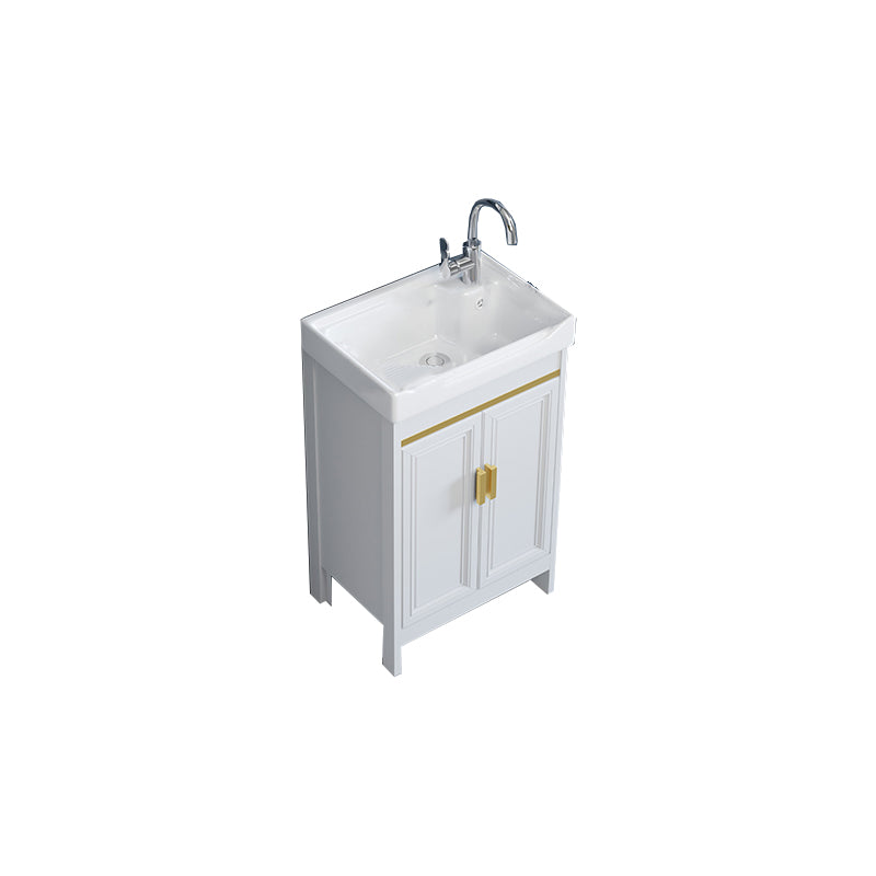 Freestanding Vanity Single Sink Metal Frame Rectangular White Mirror Vanity with Doors