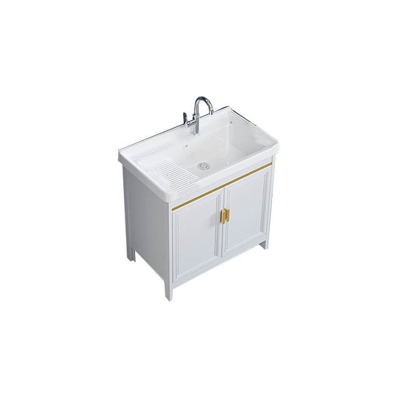 Freestanding Vanity Single Sink Metal Frame Rectangular White Mirror Vanity with Doors