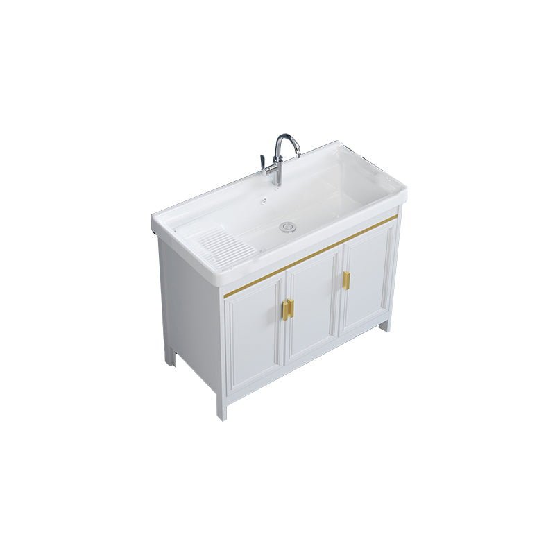 Freestanding Vanity Single Sink Metal Frame Rectangular White Mirror Vanity with Doors