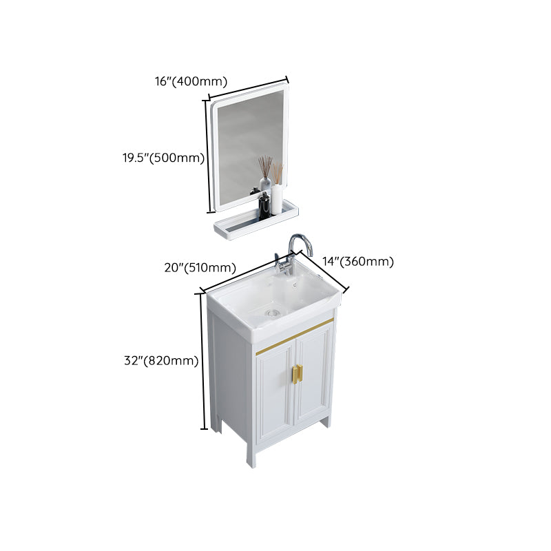 Freestanding Vanity Single Sink Metal Frame Rectangular White Mirror Vanity with Doors