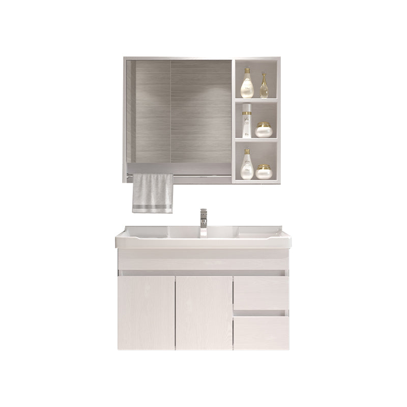 Wall Mounted Vanity White Wood Frame Rectangular 2 Doors Single Sink Vanity with Mirror