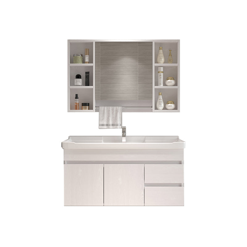 Wall Mounted Vanity White Wood Frame Rectangular 2 Doors Single Sink Vanity with Mirror