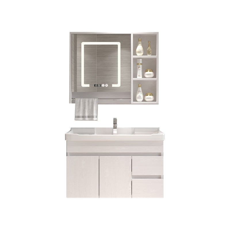 Wall Mounted Vanity White Wood Frame Rectangular 2 Doors Single Sink Vanity with Mirror