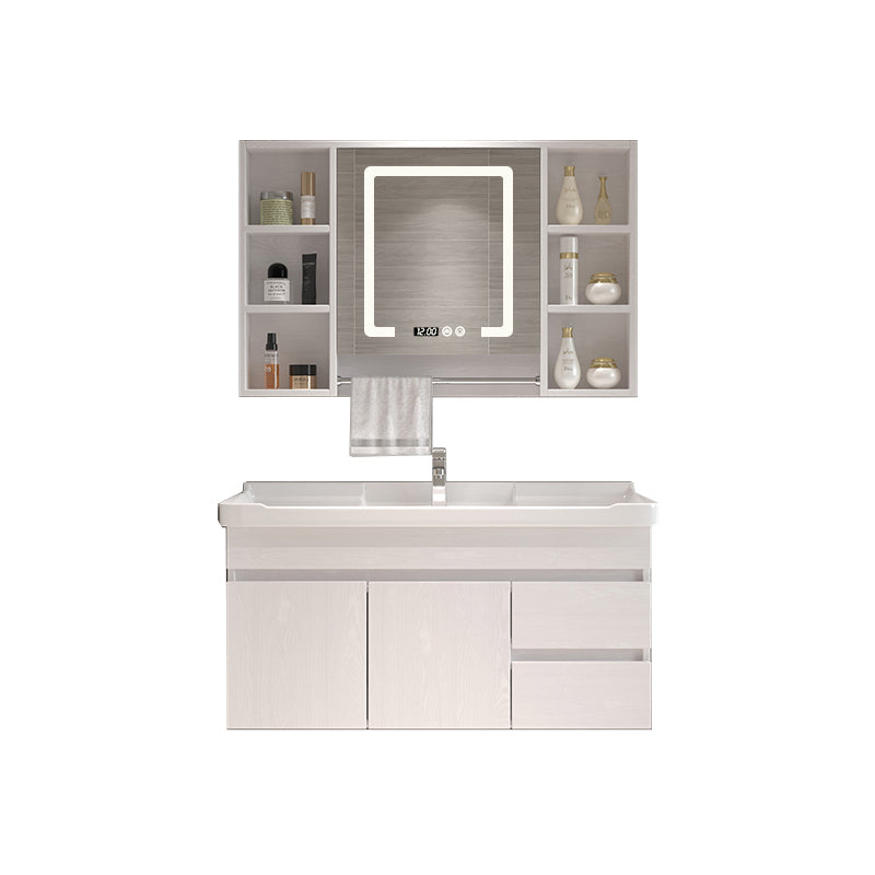 Wall Mounted Vanity White Wood Frame Rectangular 2 Doors Single Sink Vanity with Mirror