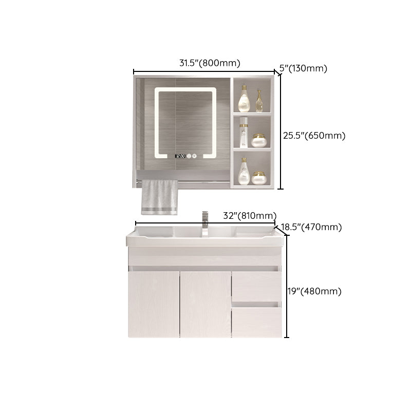 Wall Mounted Vanity White Wood Frame Rectangular 2 Doors Single Sink Vanity with Mirror