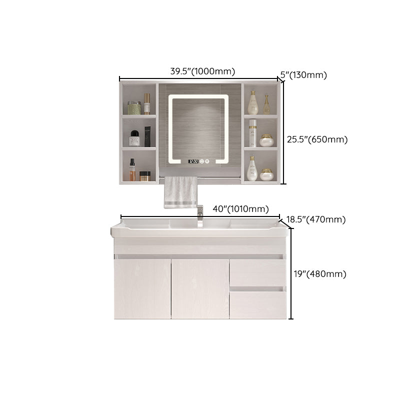 Wall Mounted Vanity White Wood Frame Rectangular 2 Doors Single Sink Vanity with Mirror