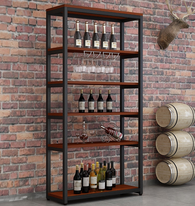 Metal Floor Wine Bottle & Glass Rack Modern Wooden Wine Holder for Kitchen