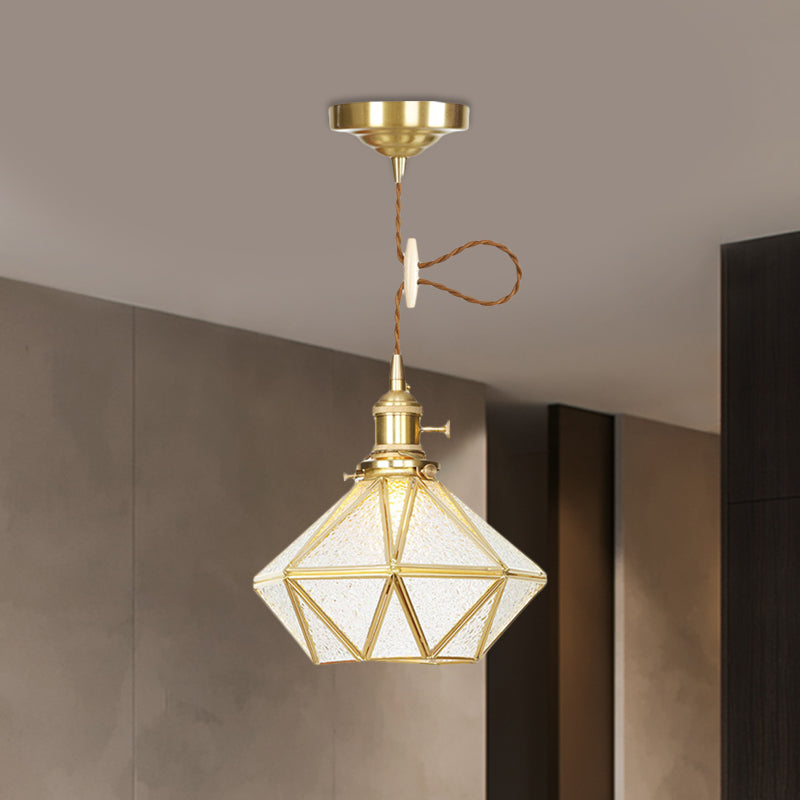 1 Head Pendant Light Traditional Bedside Suspension Lamp with Diamond Clear Water Glass Shade in Gold