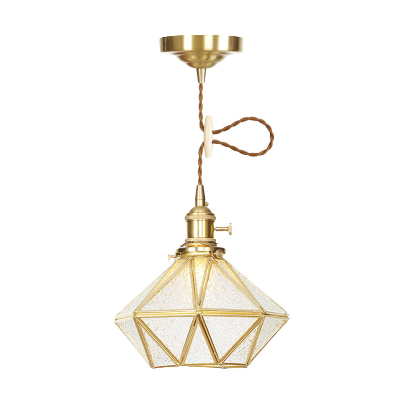 1 Head Pendant Light Traditional Bedside Suspension Lamp with Diamond Clear Water Glass Shade in Gold