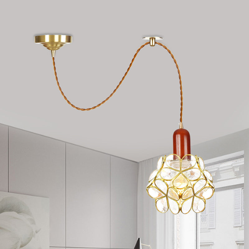 Flower Clear Water Glass Pendant Traditional 1 Bulb Bedroom Ceiling Suspension Lamp in Gold with Wood Top