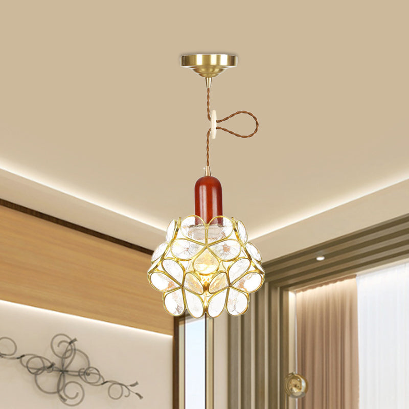Blume klares Wasserglas Anhänger traditioneller 1 Glühbirnenschlafzimmer Deckenhängung Lampe in Gold mit Holzoberteil