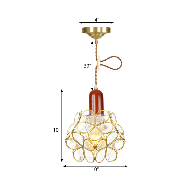 Flower Clear Water Glass Pendant Traditional 1 Bulb Bedroom Ceiling Suspension Lamp in Gold with Wood Top