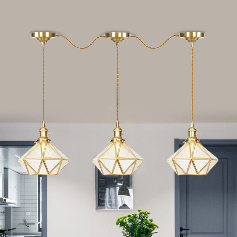 Traditional Diamond Multi Light Pendant 3/5/7-Light Clear Water Glass Suspension Lamp in Gold with Series Connection Design