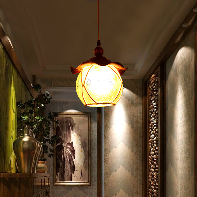 Globe Geel Crackle Glass Hanging Lamp Traditionele 1 kop Corridor Suspensie Hanger in bruin met geschulpte schaduw