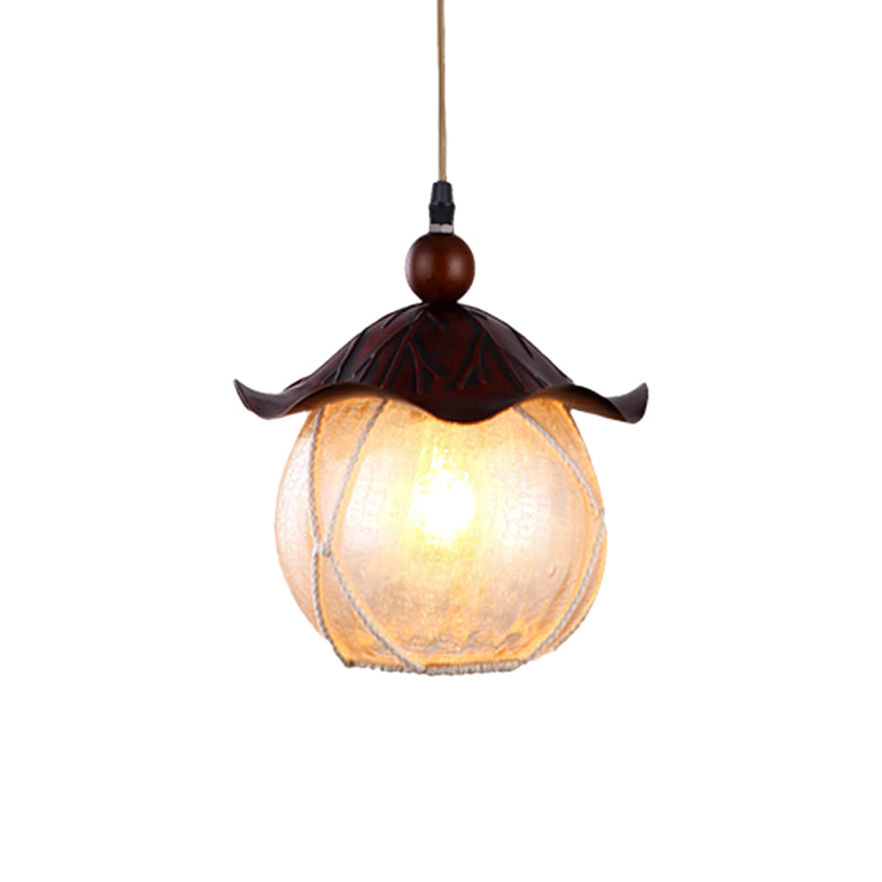 Globe Yellow Crackle Glass Hanging Lamp Traditional 1 Head Corridor Suspension Pendant in Brown with Scalloped Shade