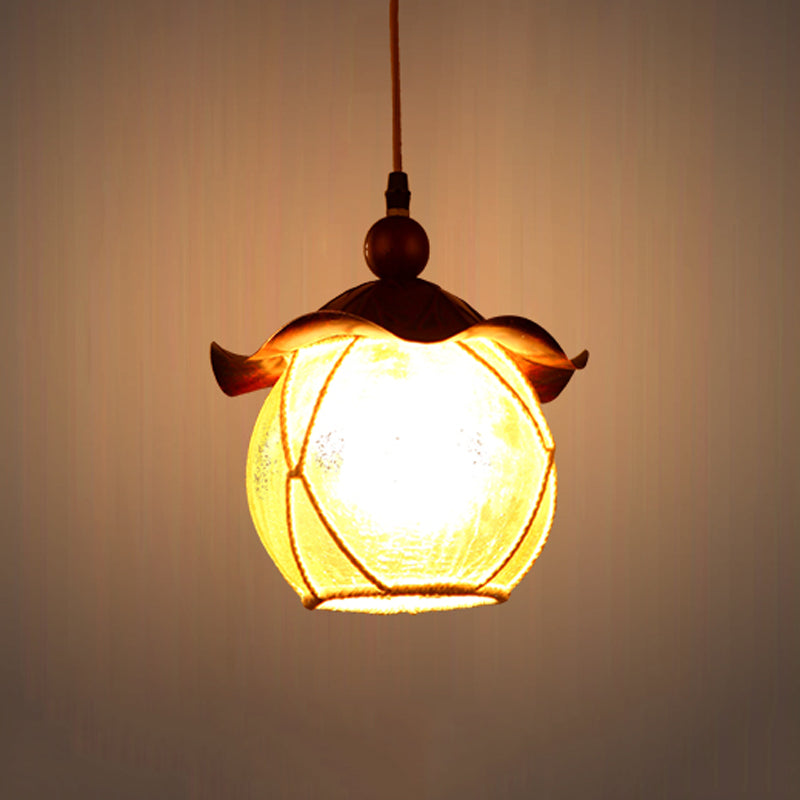 Globe Yellow Crackle Glass Hanging Lamp Traditional 1 Head Corridor Suspension Pendant in Brown with Scalloped Shade