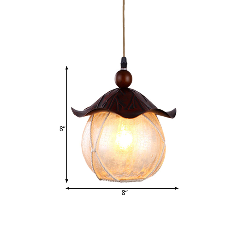 Globe Yellow Crackle Glass Hanging Lamp Traditional 1 Head Corridor Suspension Pendant in Brown with Scalloped Shade