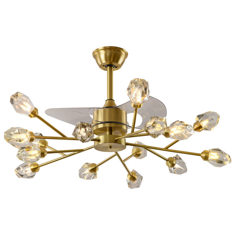 Solid Brass Ceiling Fan Chandelier Multi - Head Fan Light with Crystal Shade