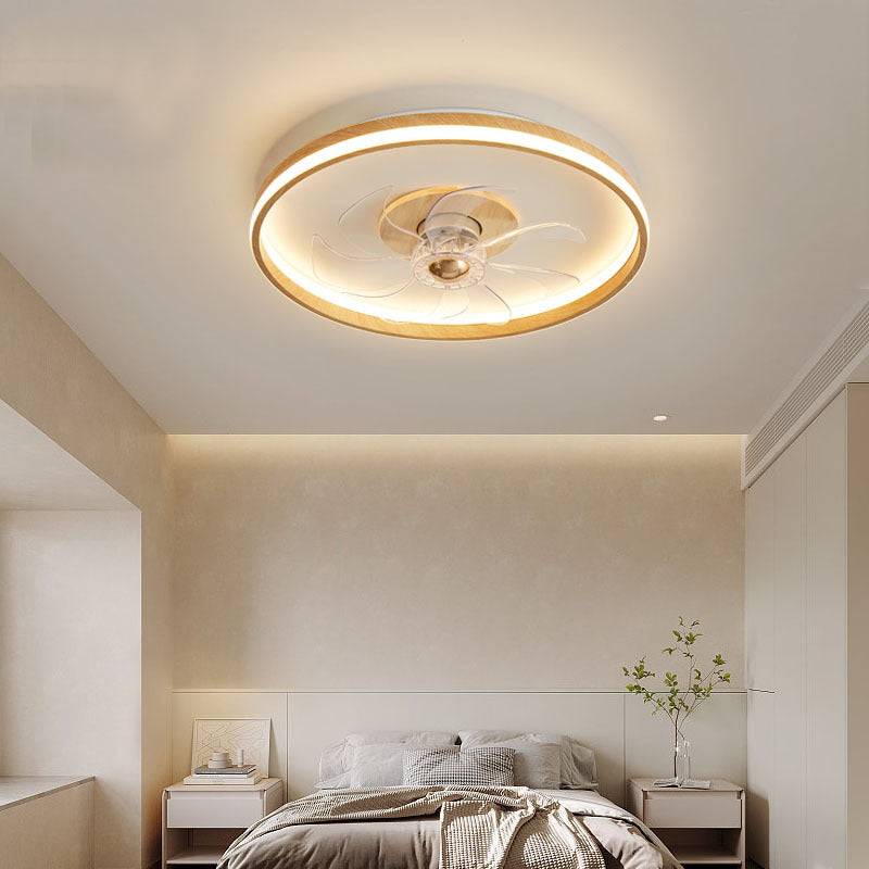 Iron and Wood Ceiling Fan Round LED Contemporary Fan Light Fixture