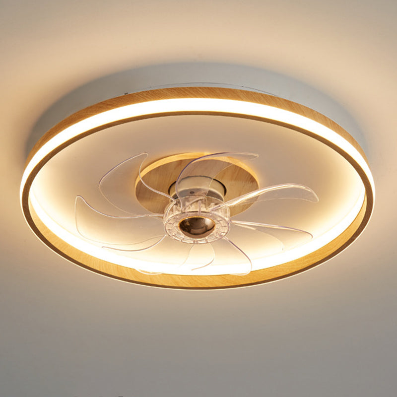 Iron and Wood Ceiling Fan Round LED Contemporary Fan Light Fixture