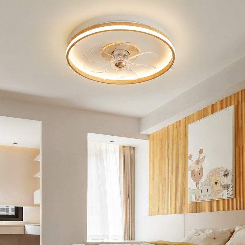 Iron and Wood Ceiling Fan Round LED Contemporary Fan Light Fixture