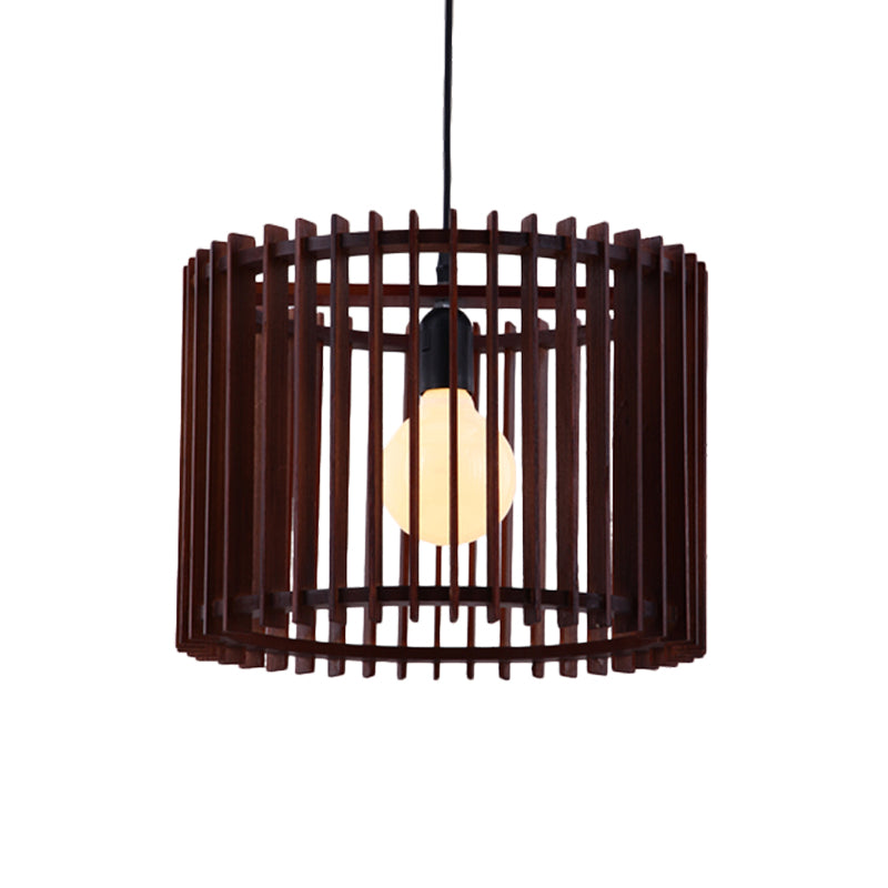 Brown 1 Light Hanging Lamp Kit Classic Wood Cylinder Cage Pendant Lighting Fixture