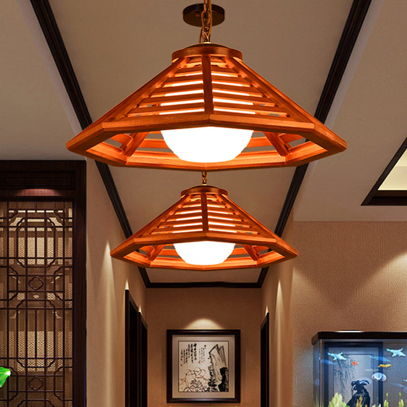 Beige/Red Brown Cone Ceiling Pendant Light Country Wood 13"/19.5" Wide 1 Light Restaurant Suspension Lamp