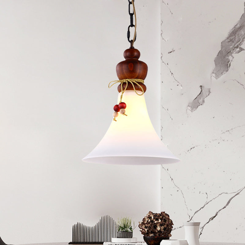 Opal Glass Brown Suspension Lamp Flared 1 Light Rustic Style Pendant Ceiling Light with Wooden Cap