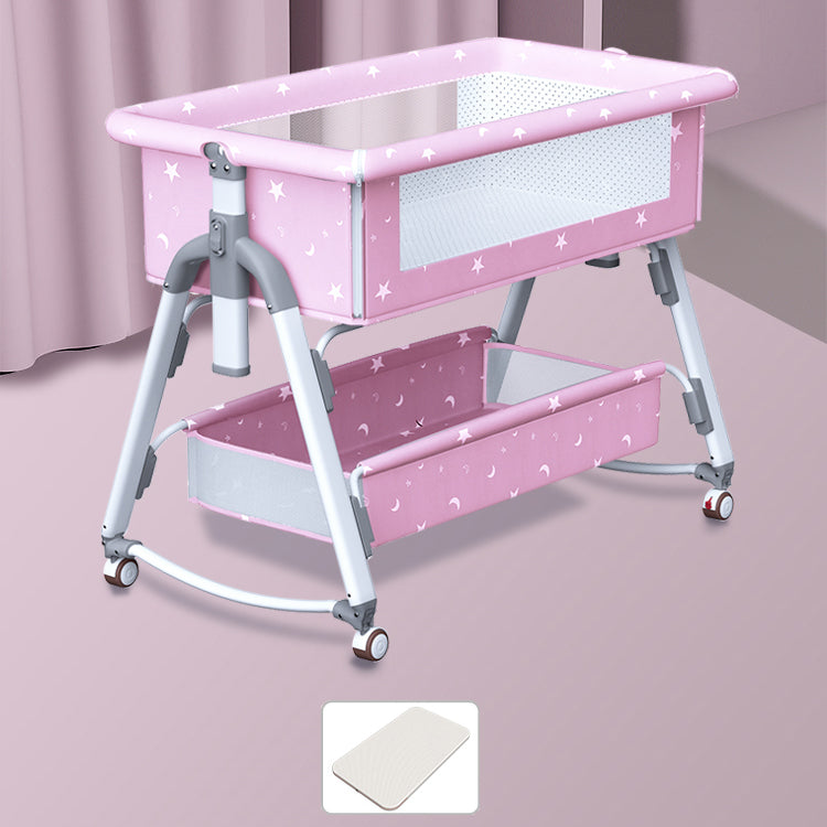 Gliding Square Crib Cradle Metal Cradle with 4 Wheels and Storage Shelf