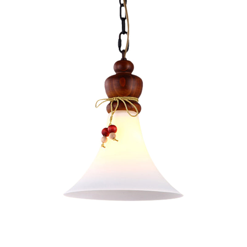 Opal Glass Brown Suspension Lamp Flared 1 Light Rustic Style Pendant Ceiling Light with Wooden Cap