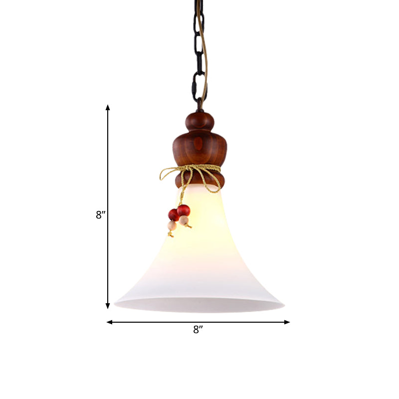 Opal Glass Brown Suspension Lamp Flared 1 Light Rustic Style Pendant Ceiling Light with Wooden Cap