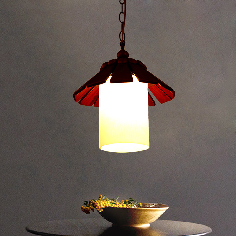 Rural Cylinder Hanging Light Kit 1 Light Cream Glass Suspension Pendant in Brown with Conical Wood Shade