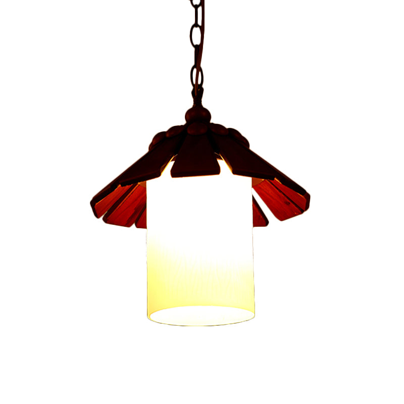 Rural Cylinder Hanging Light Kit 1 Light Cream Glass Suspension Pendant in Brown with Conical Wood Shade