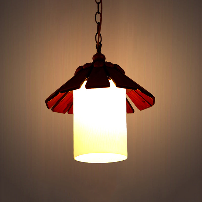 Rural Cylinder Hanging Light Kit 1 Light Cream Glass Suspension Pendant in Brown with Conical Wood Shade