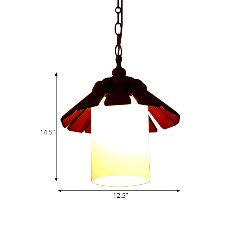 Landelijke cilinderhangende lichtkit 1 lichte crème glazen ophanging hanger in bruin met conisch houten schaduw