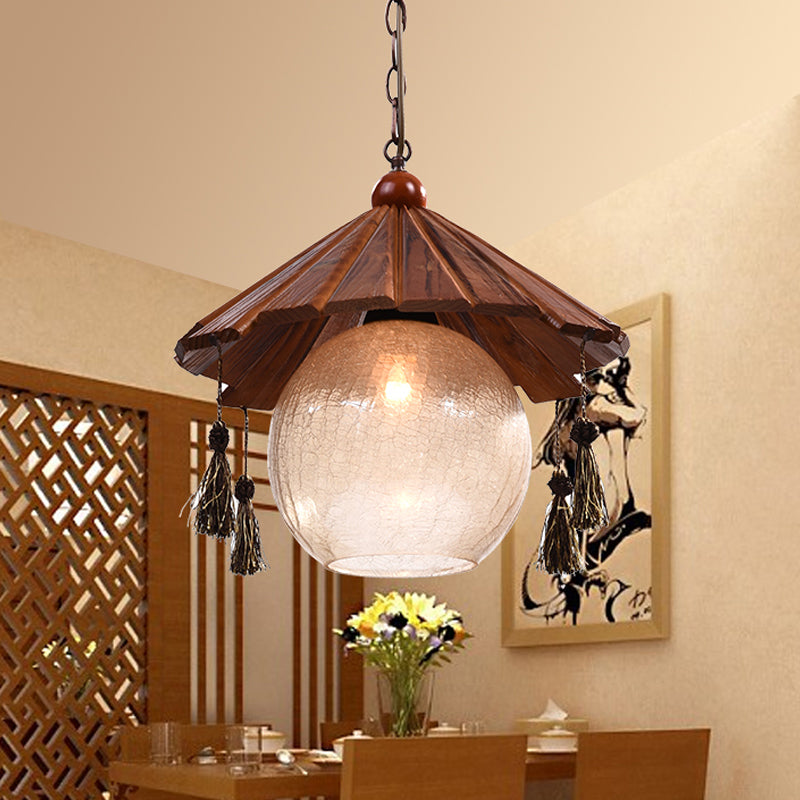 1 Head Cone Ceiling Pendant Traditional Brown Finish Wood Down Lighting with Sphere Clear Crackle Glass Shade