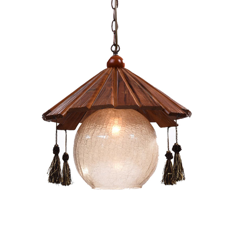 1 Head Cone Ceiling Pendant Traditional Brown Finish Wood Down Lighting with Sphere Clear Crackle Glass Shade