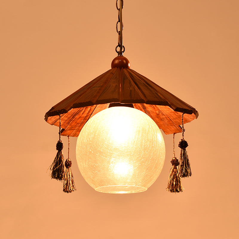 1 Head Cone Ceiling Pendant Traditional Brown Finish Wood Down Lighting with Sphere Clear Crackle Glass Shade