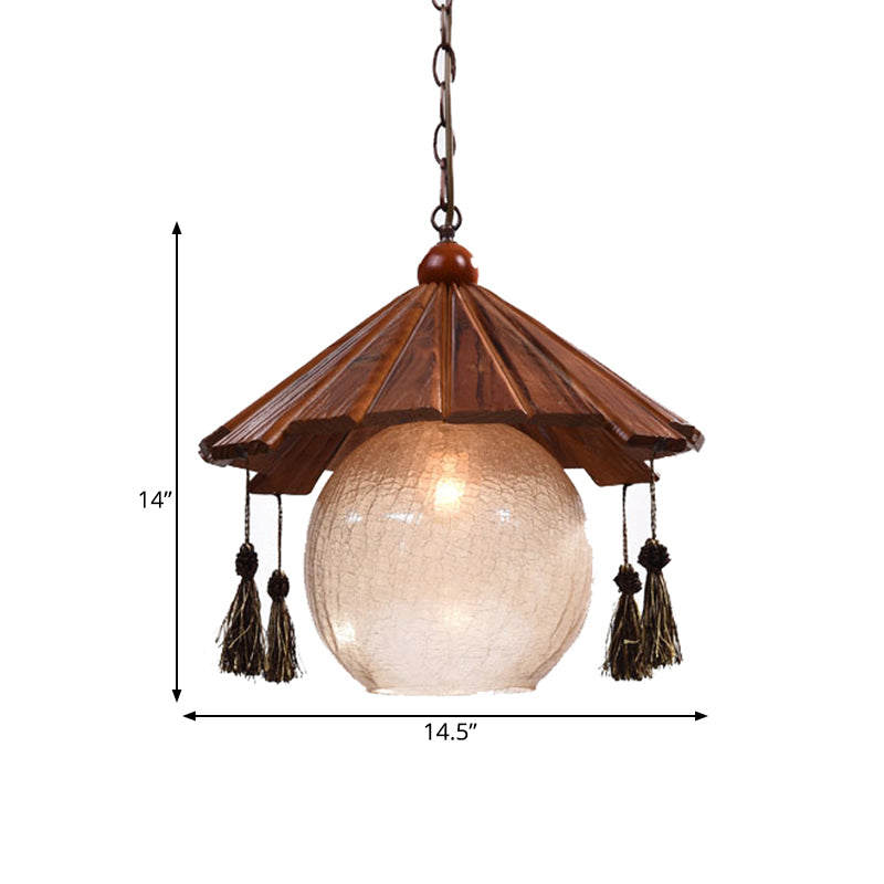 1 Head Cone Ceiling Pendant Traditional Brown Finish Wood Down Lighting with Sphere Clear Crackle Glass Shade